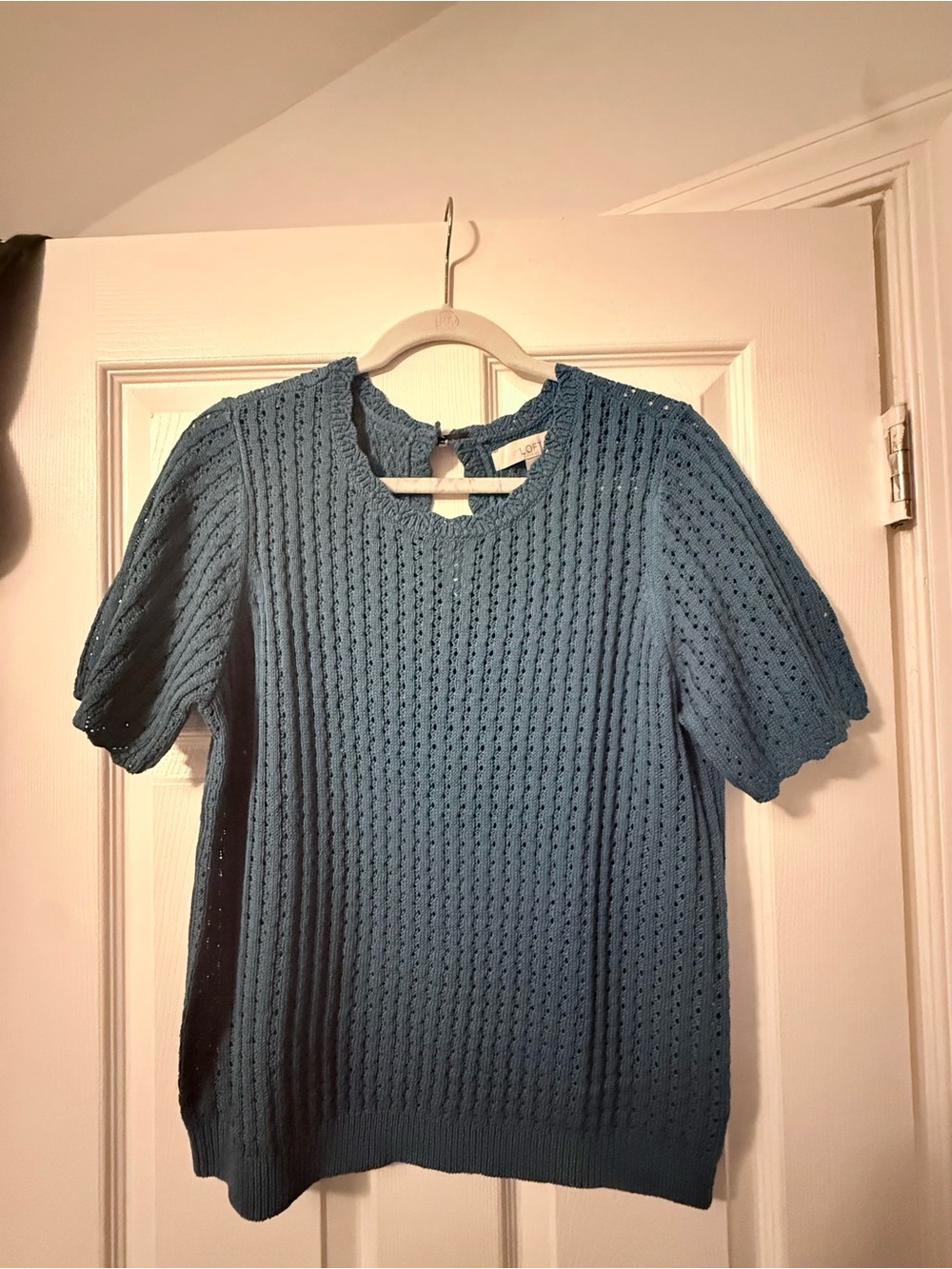 LOFT Light Blue Open-Knit Short Sleeve Sweater